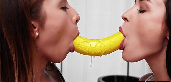  Cucumber and Banana in creamy pussy of two girls